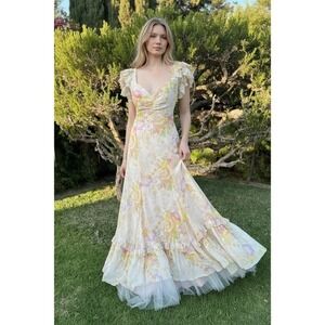 Hartnell Maxi Dress Floral Ruffle Flutter Sleeve V Neck Gown S M Silk